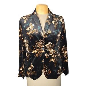 Cynthia Rowley Womens Blazer Jacket M‎ Black Floral Velvet Stretch Dark Academia